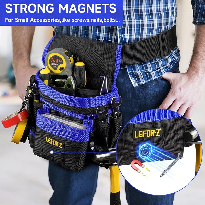 LEFORZ Tool Belt,Magnetic Tool Pouch,14-Pockets Tool Belts for Men,Detachable & Adjustable Tool Pouch belt for Electrician,Carpenter,Construction,Work Apron,Utility Belt,Black-Blue - Image 3